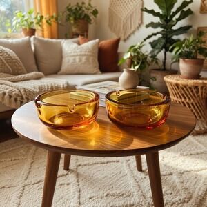 Vintage TWO Heavy Amber Glass Cigar Cigarette Ashtray Mid Century 5" round